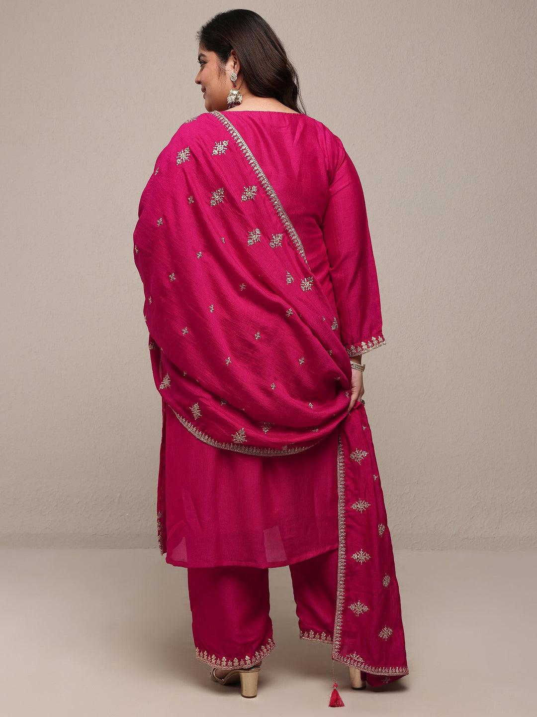 Plus Size Pink Embroidered Silk Blend Straight Suit Set With Dupatta
