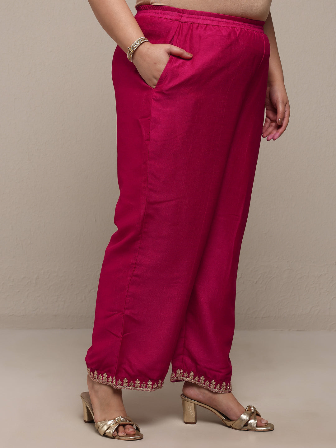 Plus Size Pink Embroidered Silk Blend Straight Suit Set With Dupatta