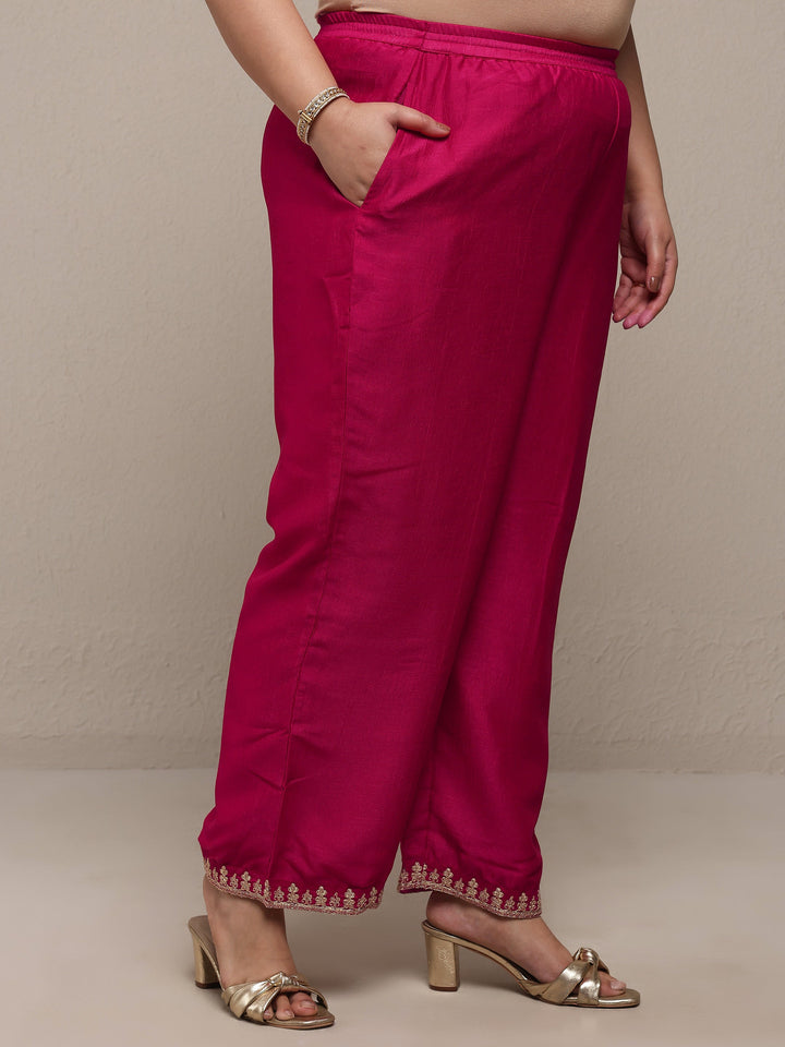 Plus Size Pink Embroidered Silk Blend Straight Suit Set With Dupatta