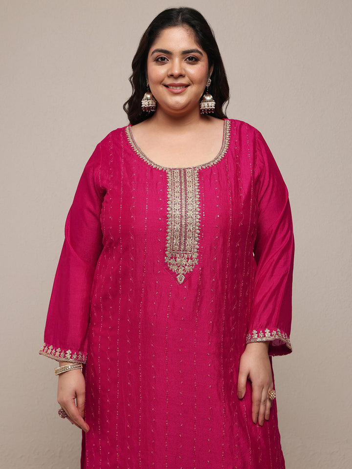 Plus Size Pink Embroidered Silk Blend Straight Suit Set With Dupatta