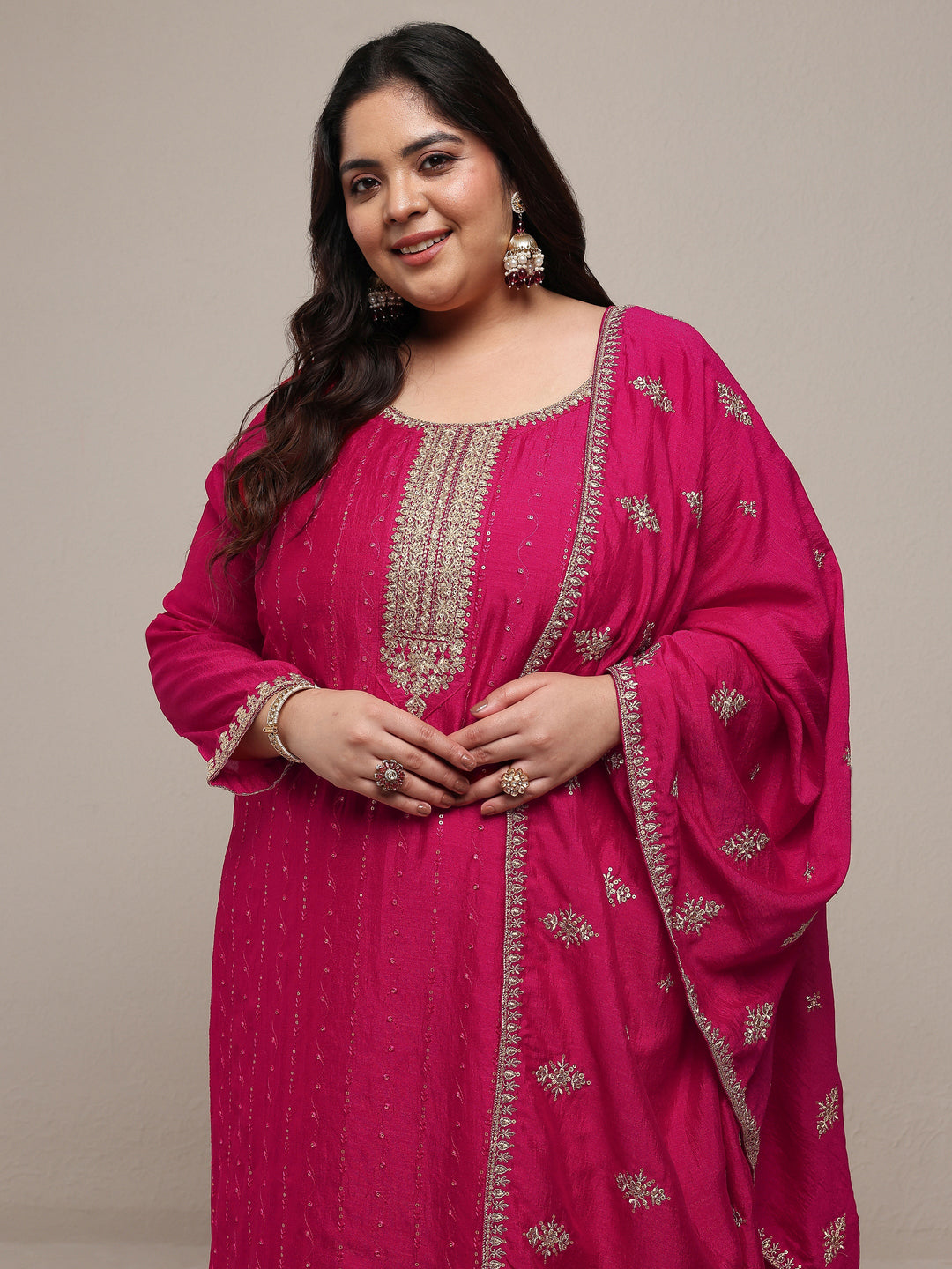 Plus Size Pink Embroidered Silk Blend Straight Suit Set With Dupatta