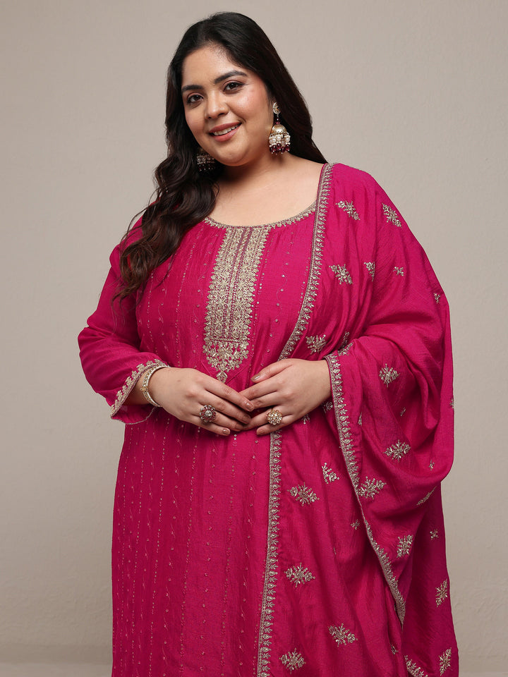Plus Size Pink Embroidered Silk Blend Straight Suit Set With Dupatta