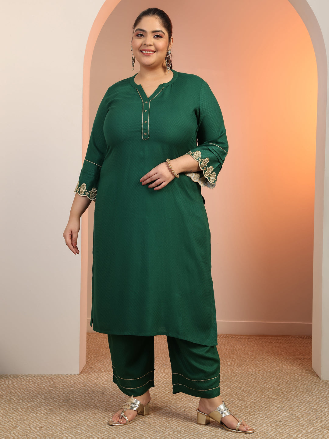 Plus Size Green Solid Rayon Straight Kurta Set