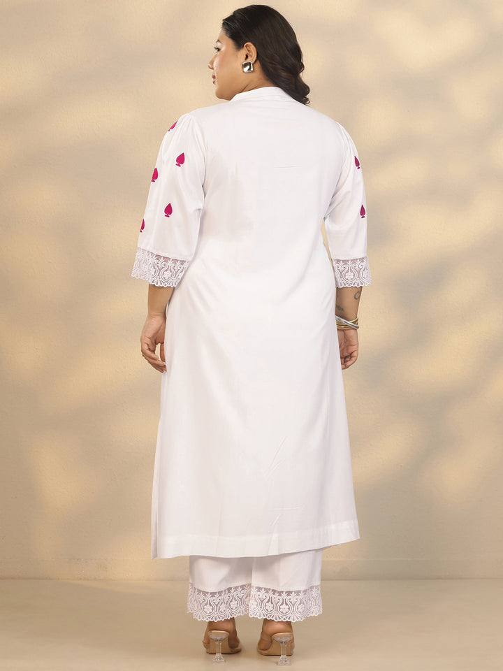 Plus Size White Embroidered Rayon Straight Kurta Set