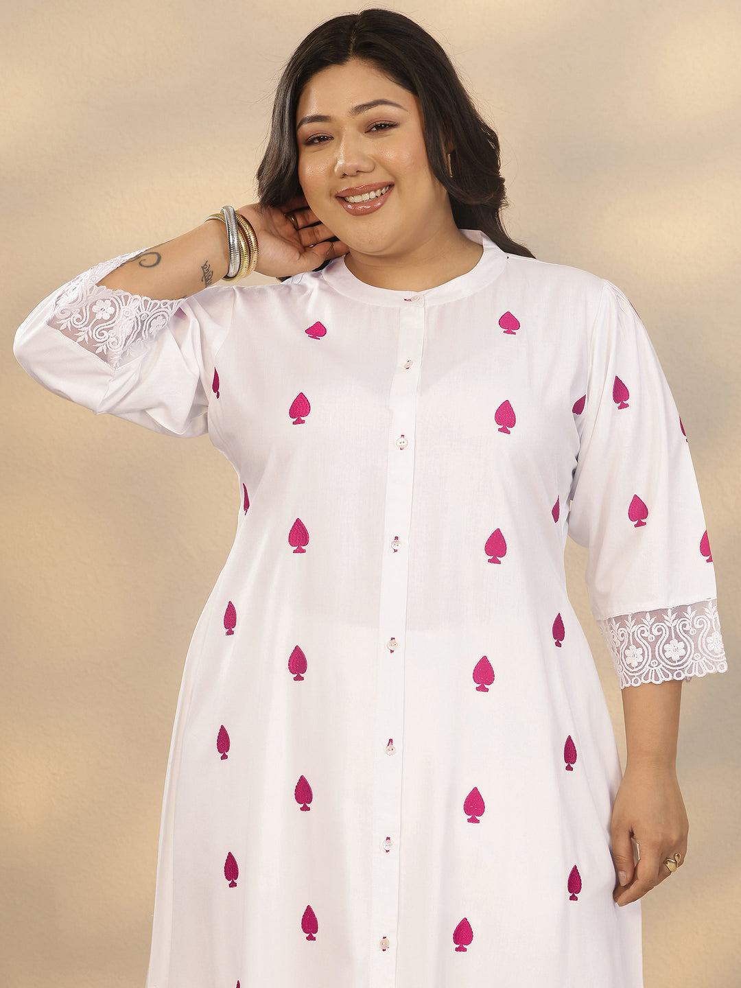 Plus Size White Embroidered Rayon Straight Kurta Set