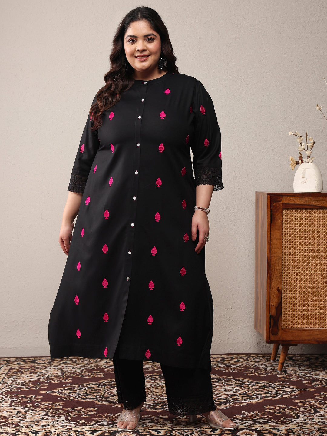 Plus Size Black Embroidered Viscose Rayon Straight Kurta Set