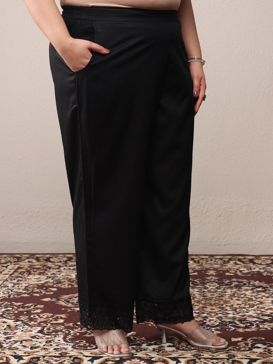 Plus Size Black Embroidered Viscose Rayon Straight Kurta Set