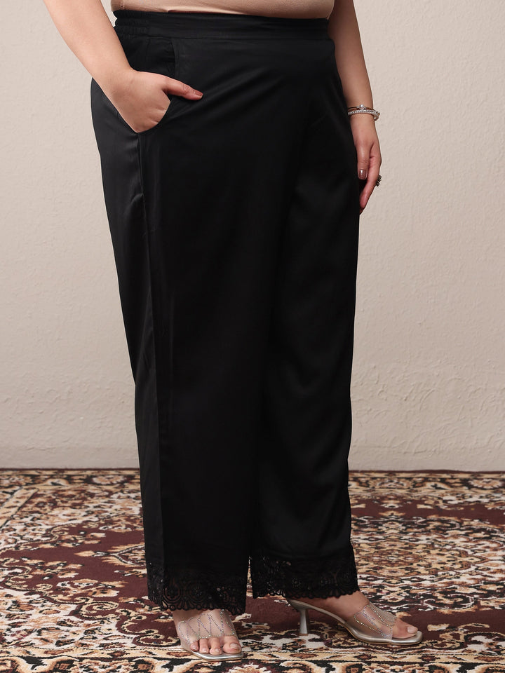 Plus Size Black Embroidered Viscose Rayon Straight Kurta Set