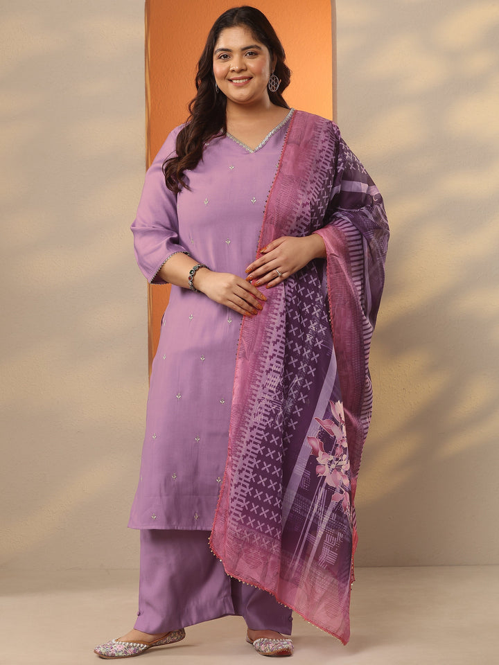 Plus Size Mauve Embroidered Silk Blend Straight Suit Set With Dupatta