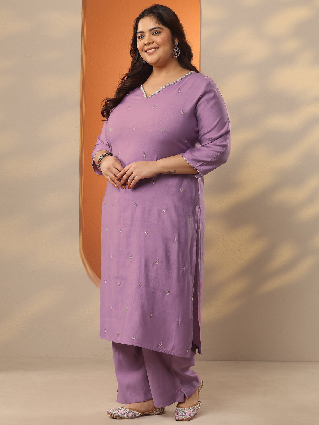 Plus Size Mauve Embroidered Silk Blend Straight Suit Set With Dupatta