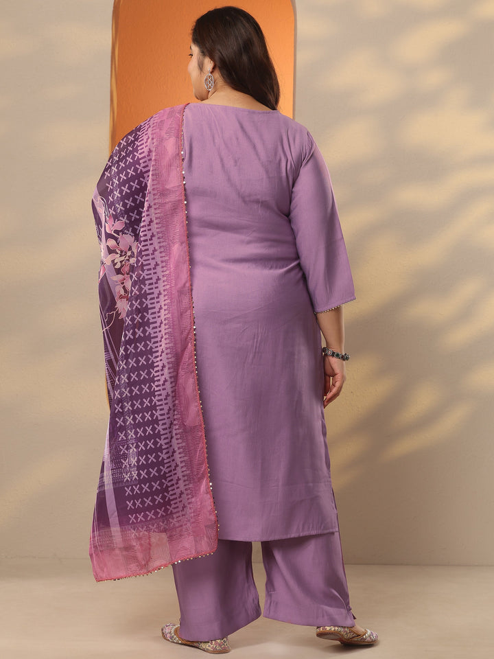 Plus Size Mauve Embroidered Silk Blend Straight Suit Set With Dupatta
