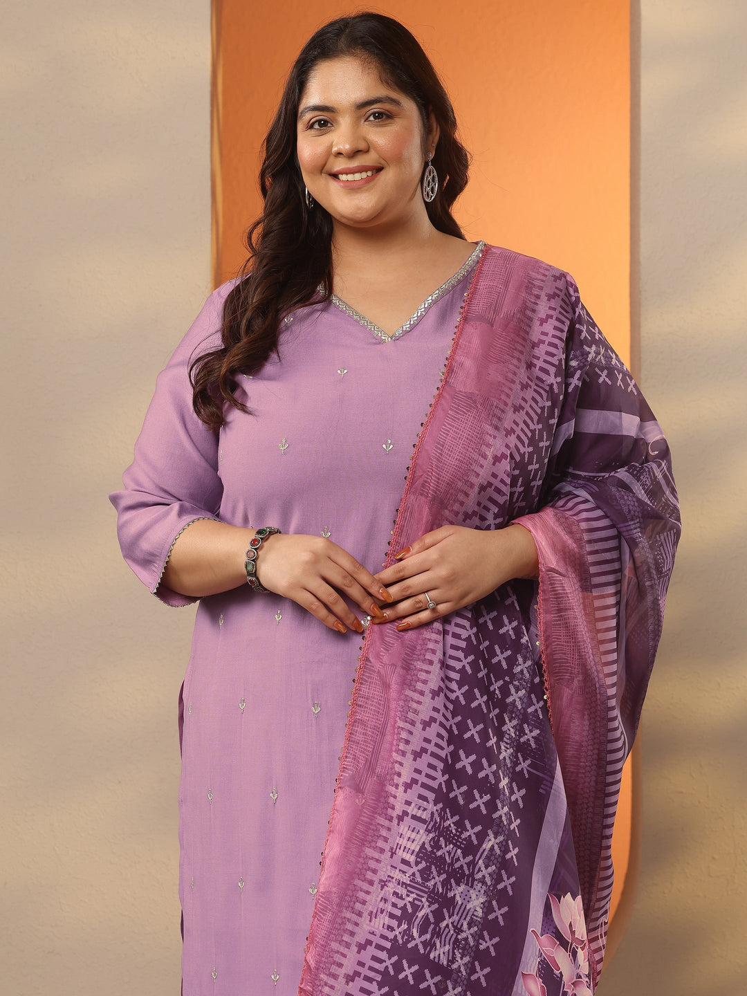 Plus Size Mauve Embroidered Silk Blend Straight Suit Set With Dupatta