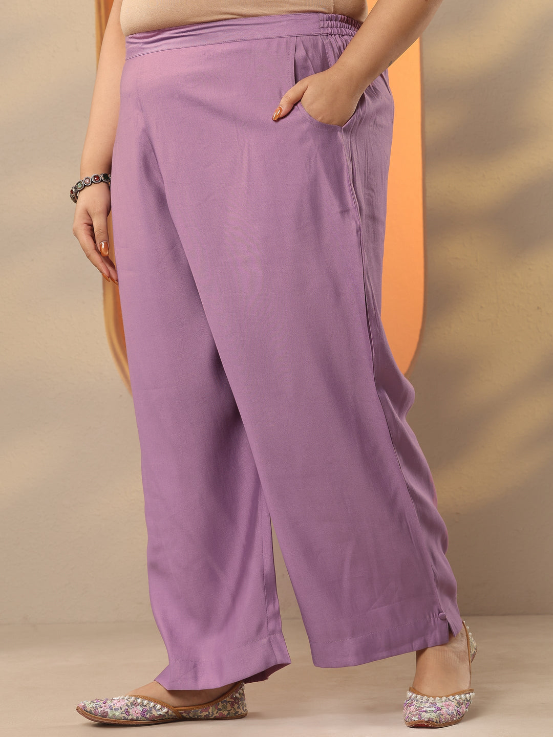 Plus Size Mauve Embroidered Silk Blend Straight Suit Set With Dupatta