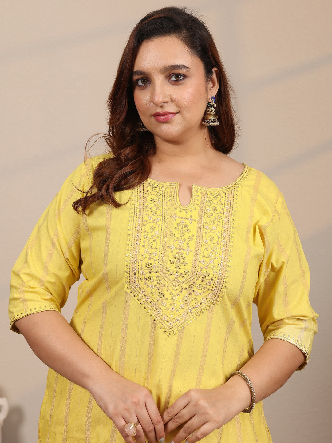 Plus Size Yellow Embroidered Cotton Blend Straight Suit Set With Dupatta