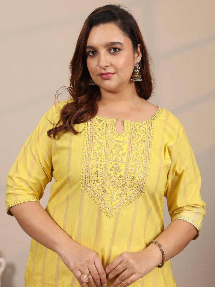 Plus Size Yellow Embroidered Cotton Blend Straight Suit Set With Dupatta