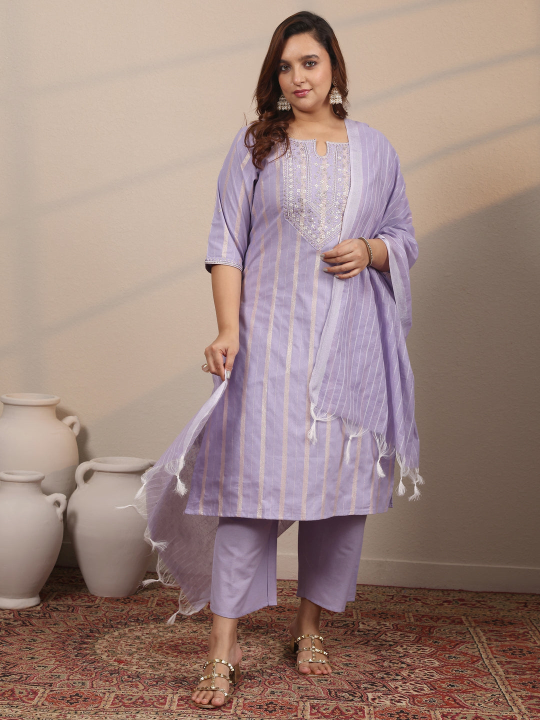 Plus Size Purple Embroidered Cotton Blend Straight Suit Set With Dupatta