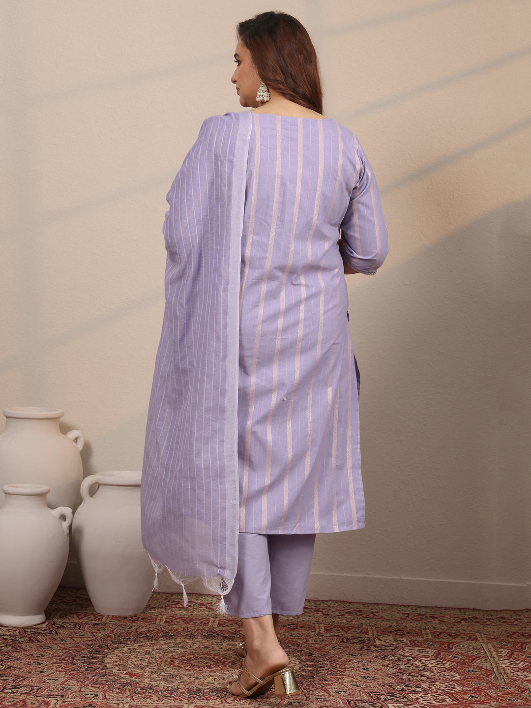 Plus Size Purple Embroidered Cotton Blend Straight Suit Set With Dupatta