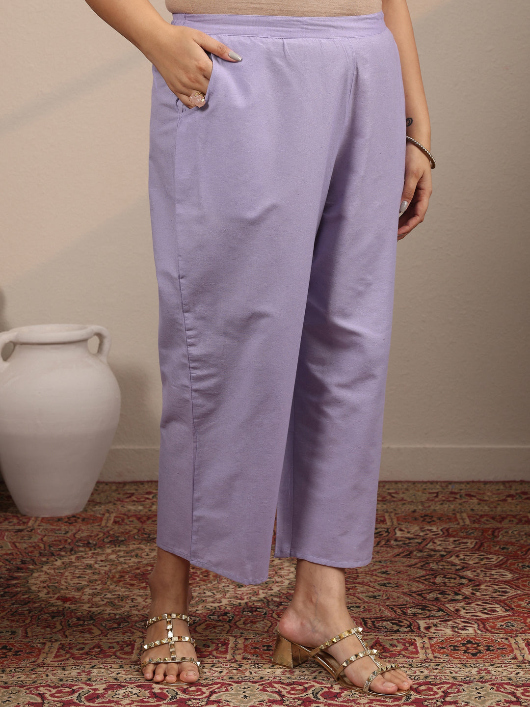 Plus Size Purple Embroidered Cotton Blend Straight Suit Set With Dupatta