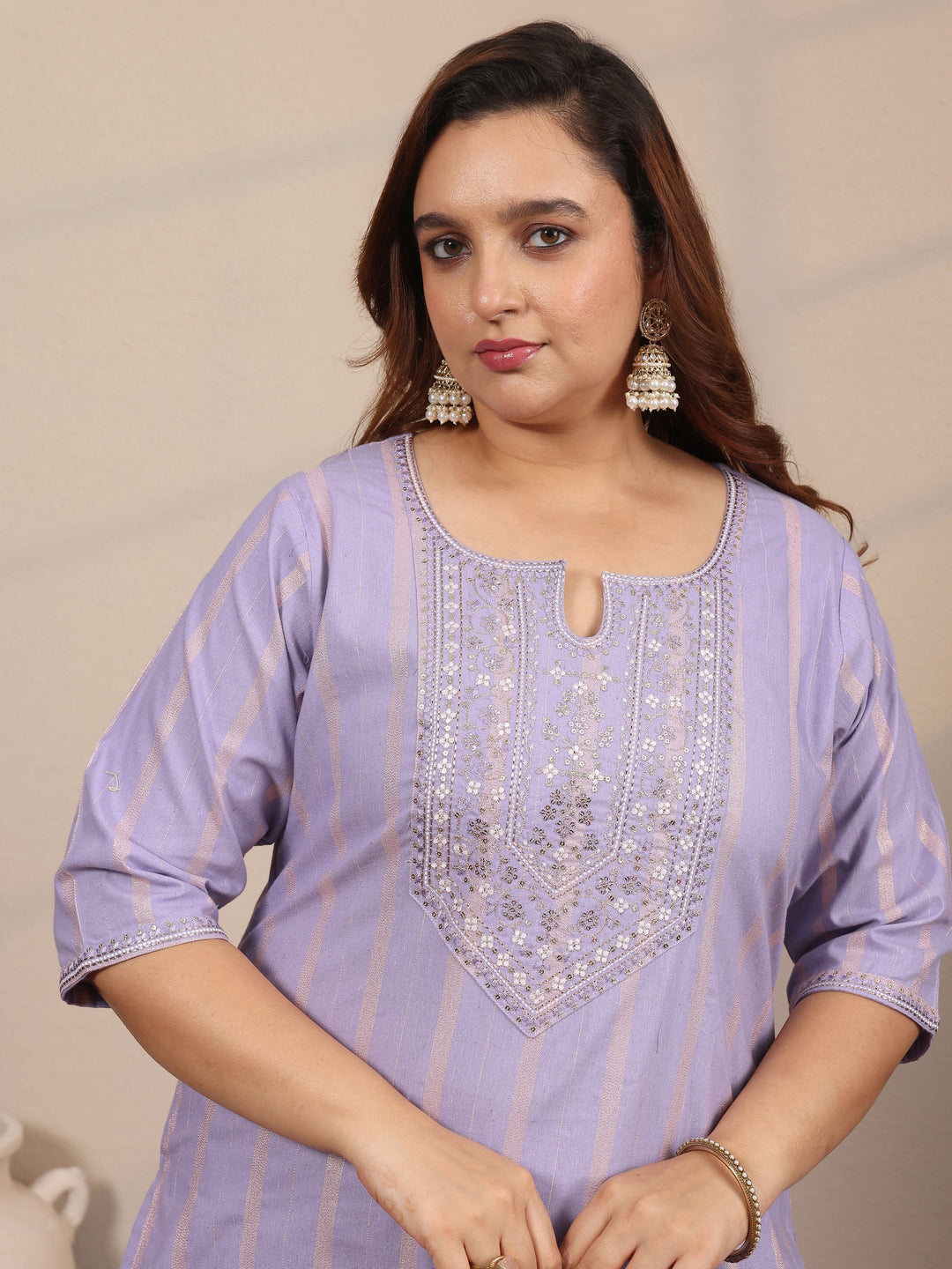 Plus Size Purple Embroidered Cotton Blend Straight Suit Set With Dupatta