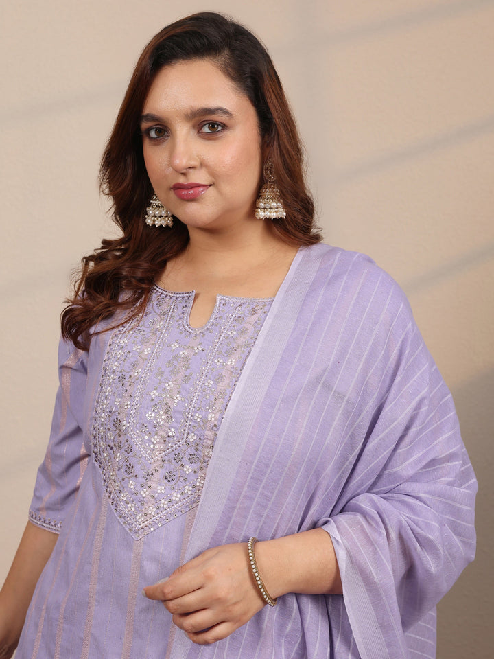 Plus Size Purple Embroidered Cotton Blend Straight Suit Set With Dupatta