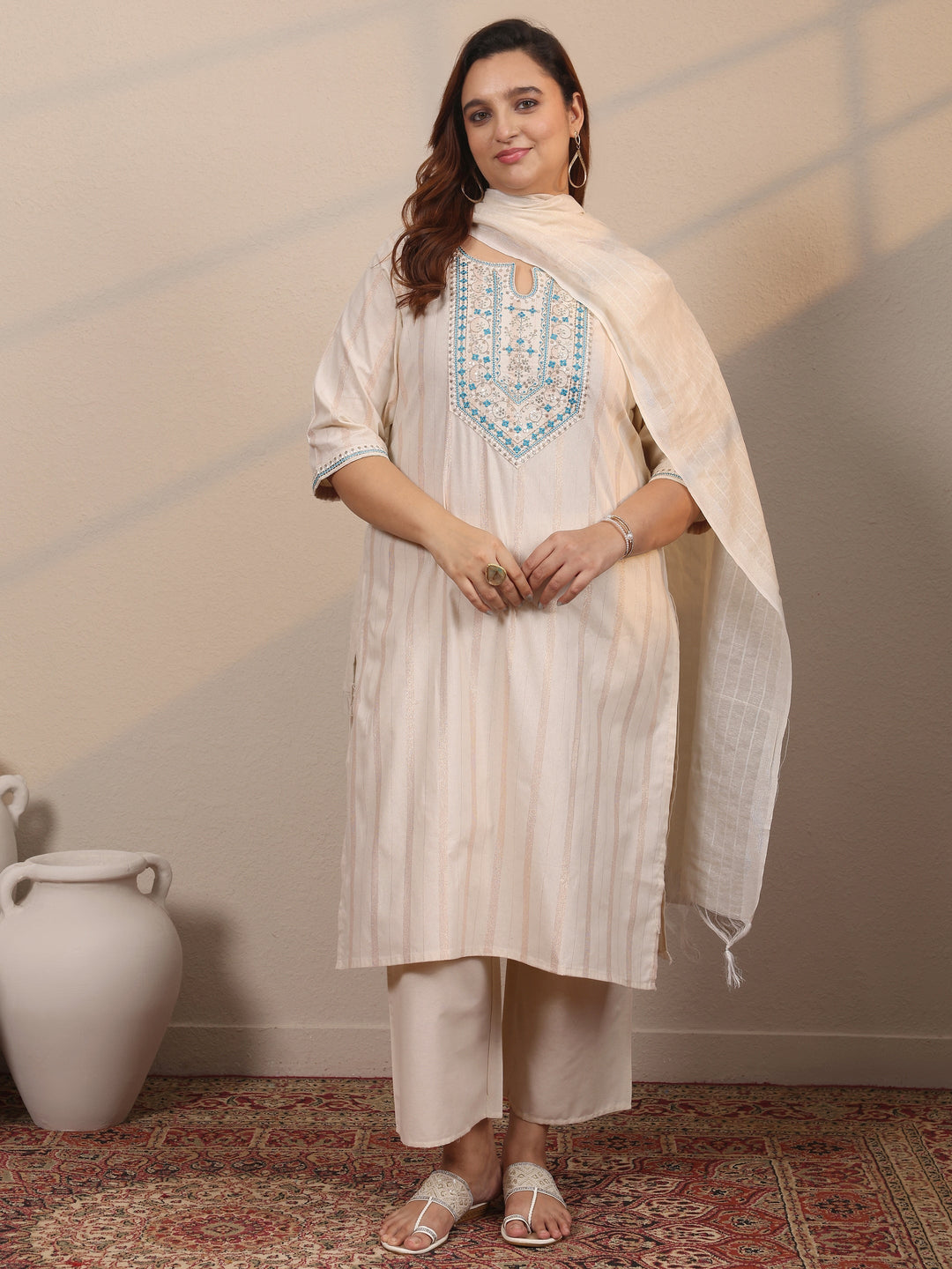Plus Size Off White Embroidered Cotton Blend Straight Suit Set With Dupatta