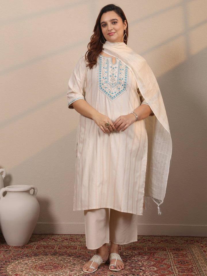 Plus Size Off White Embroidered Cotton Blend Straight Suit Set With Dupatta