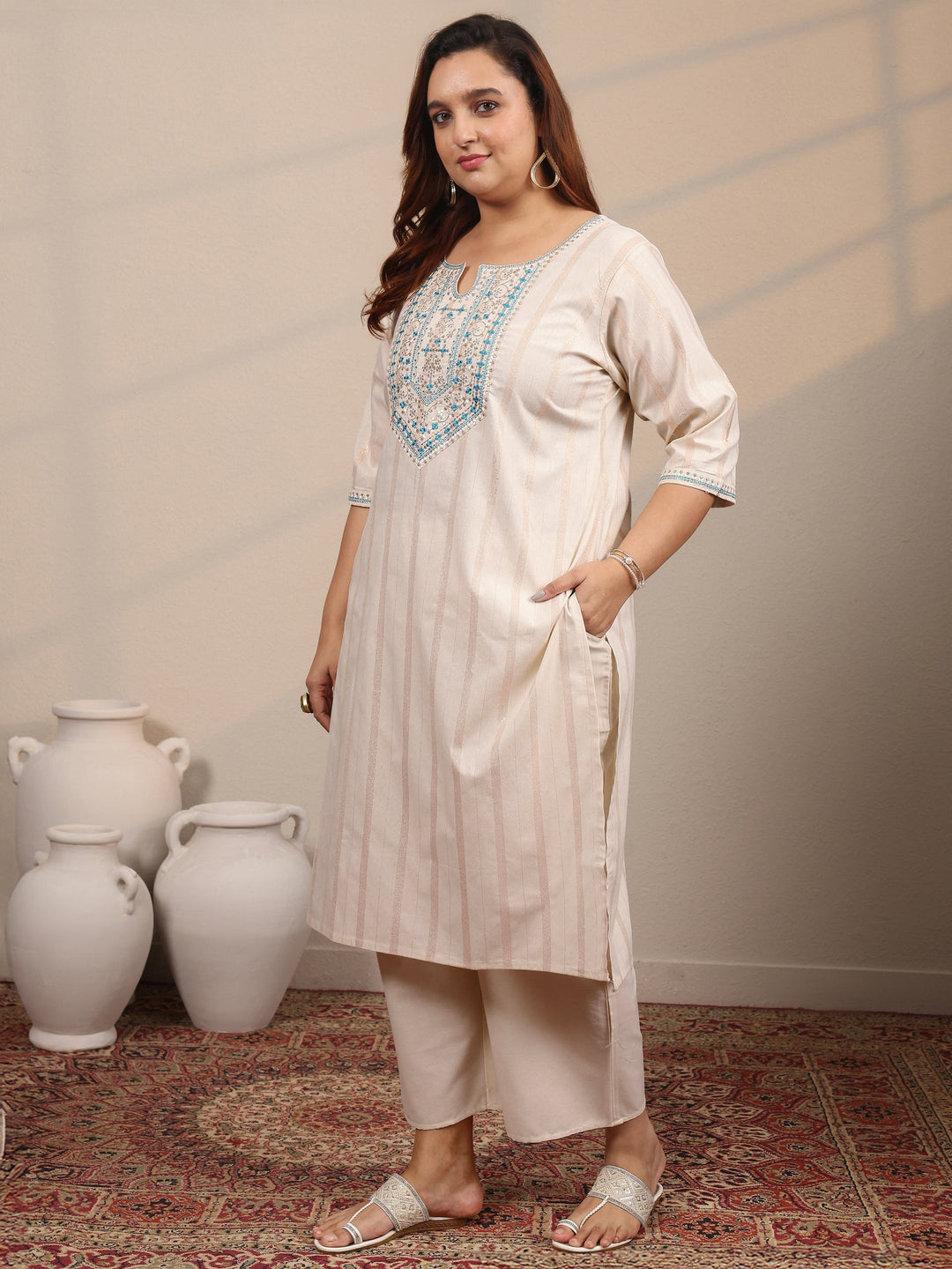 Plus Size Off White Embroidered Cotton Blend Straight Suit Set With Dupatta