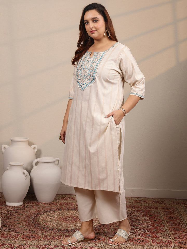 Plus Size Off White Embroidered Cotton Blend Straight Suit Set With Dupatta