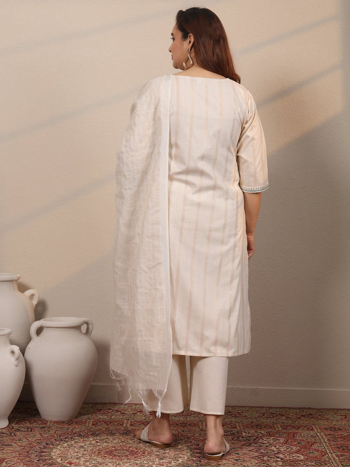 Plus Size Off White Embroidered Cotton Blend Straight Suit Set With Dupatta