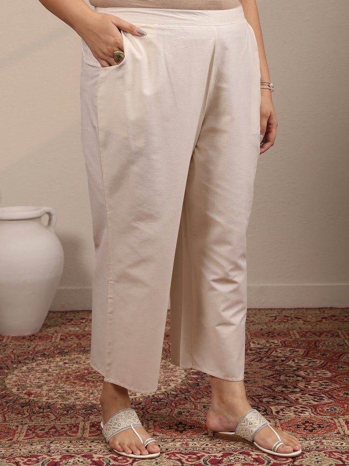 Plus Size Off White Embroidered Cotton Blend Straight Suit Set With Dupatta