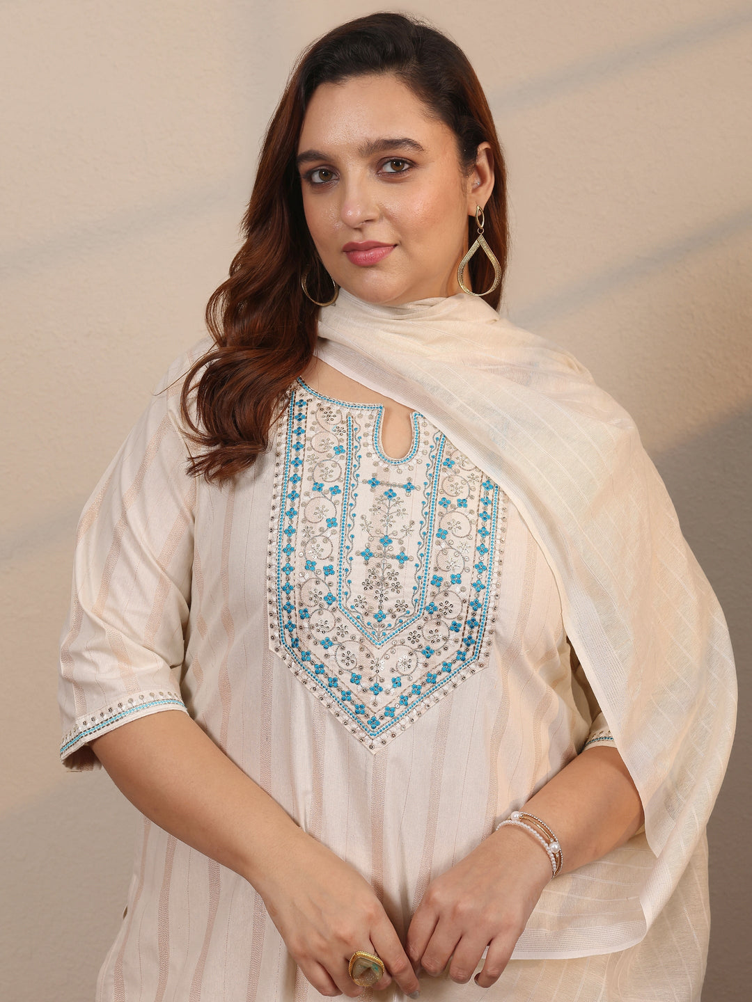 Plus Size Off White Embroidered Cotton Blend Straight Suit Set With Dupatta