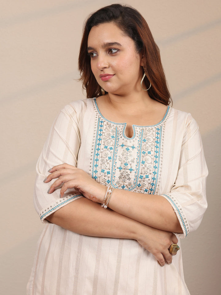 Plus Size Off White Embroidered Cotton Blend Straight Suit Set With Dupatta