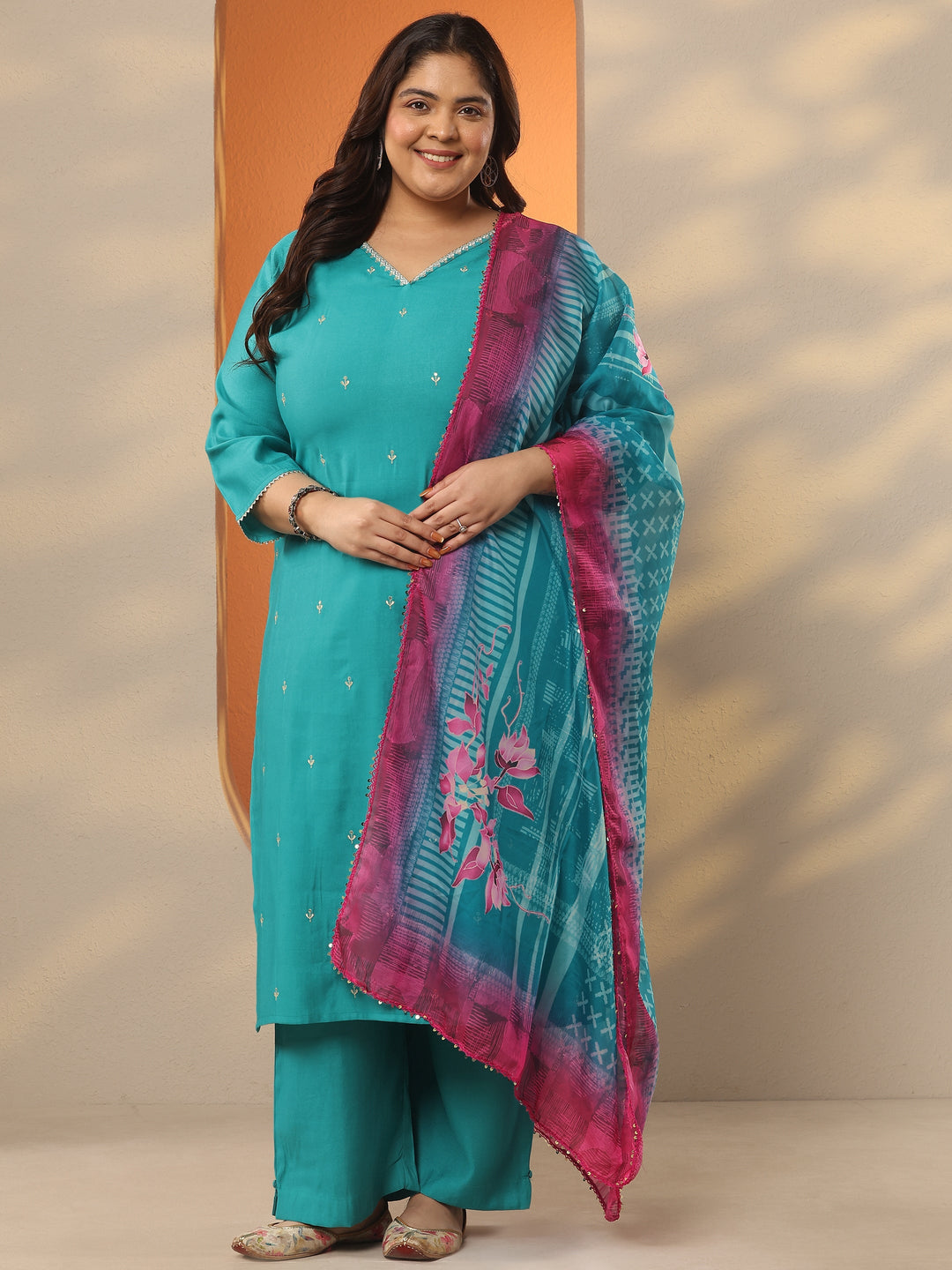 Plus Size Blue Embroidered Silk Blend Straight Suit Set With Dupatta
