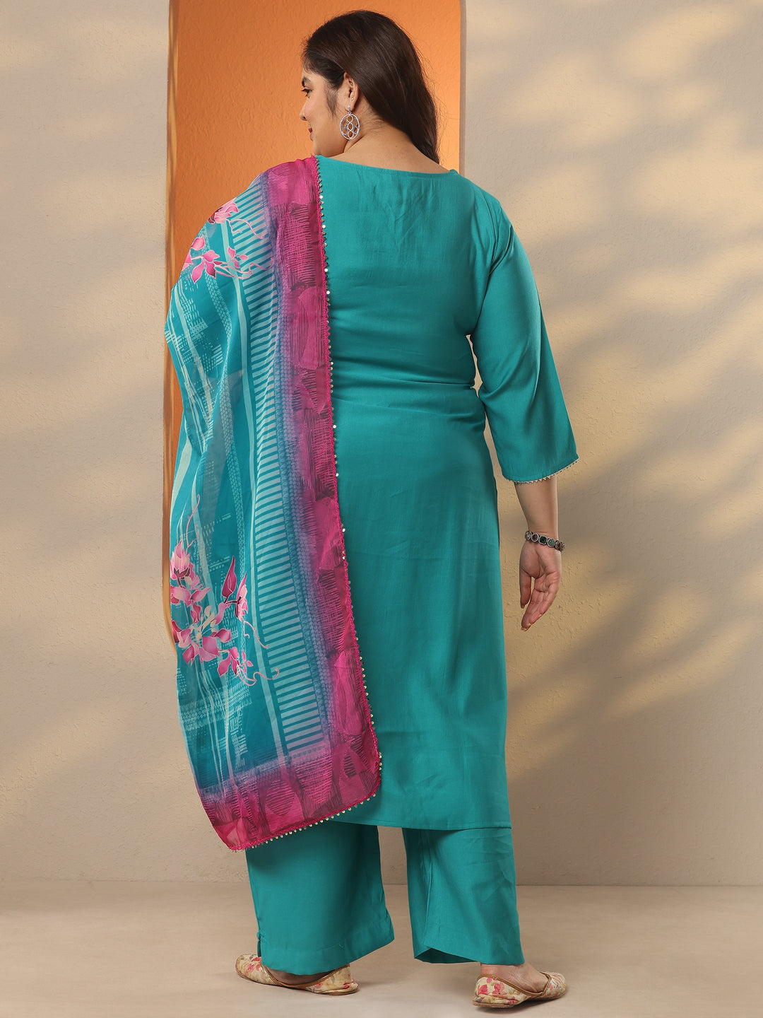 Plus Size Blue Embroidered Silk Blend Straight Suit Set With Dupatta
