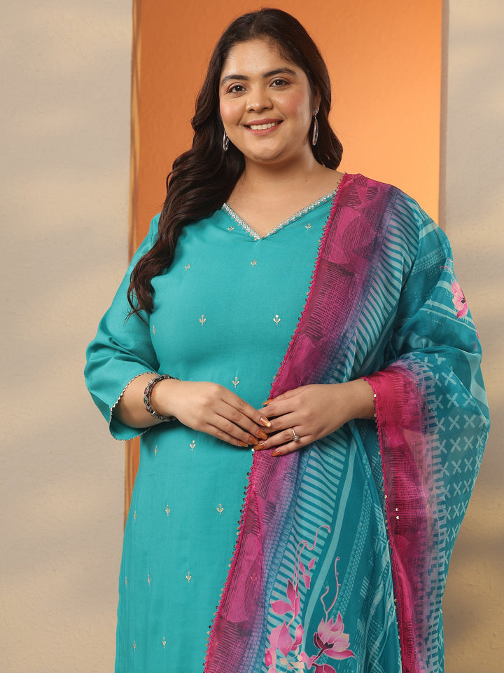 Plus Size Blue Embroidered Silk Blend Straight Suit Set With Dupatta