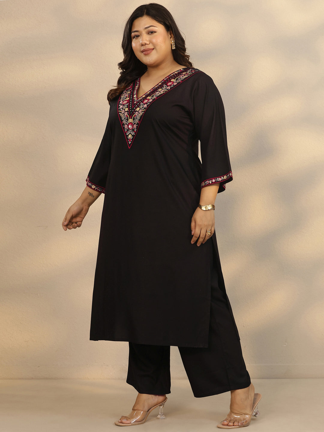 Plus Size Black Embroidered Rayon Straight Suit Set With Dupatta