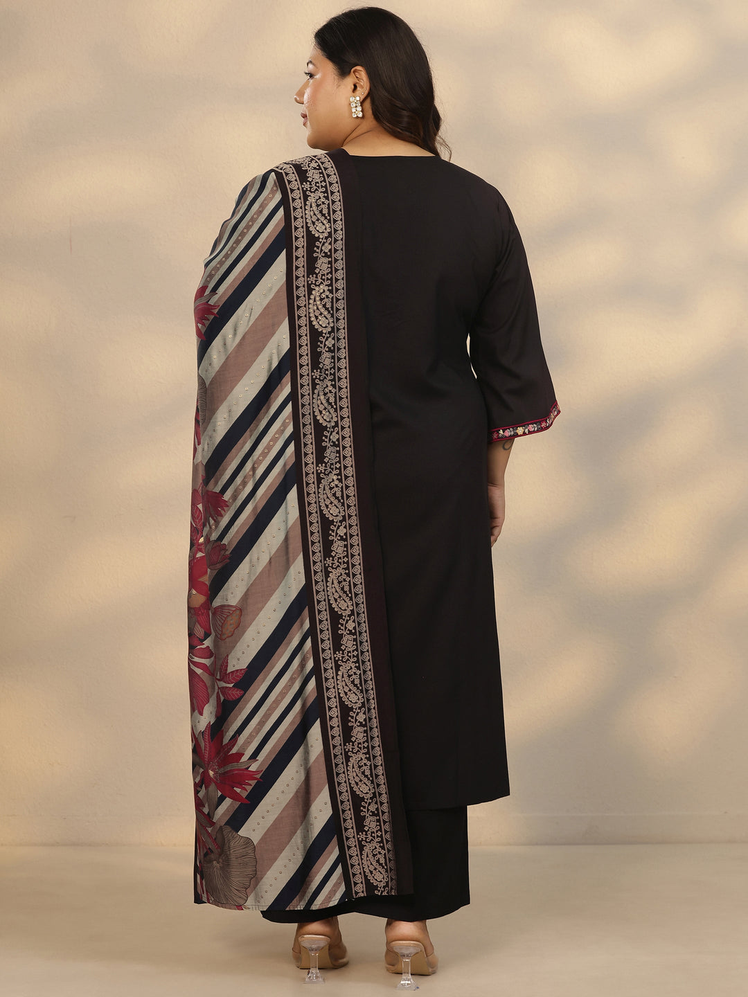 Plus Size Black Embroidered Rayon Straight Suit Set With Dupatta