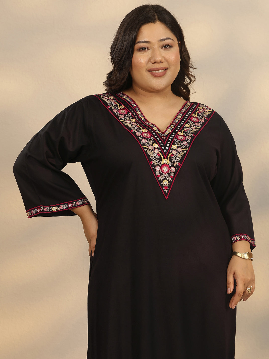 Plus Size Black Embroidered Rayon Straight Suit Set With Dupatta