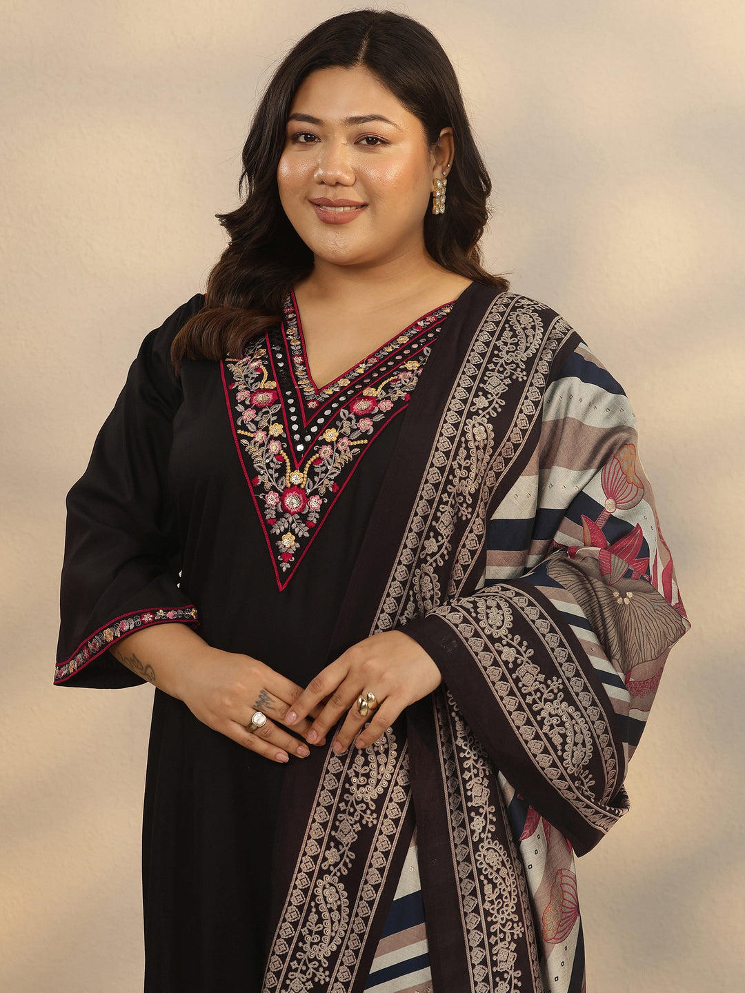 Plus Size Black Embroidered Rayon Straight Suit Set With Dupatta