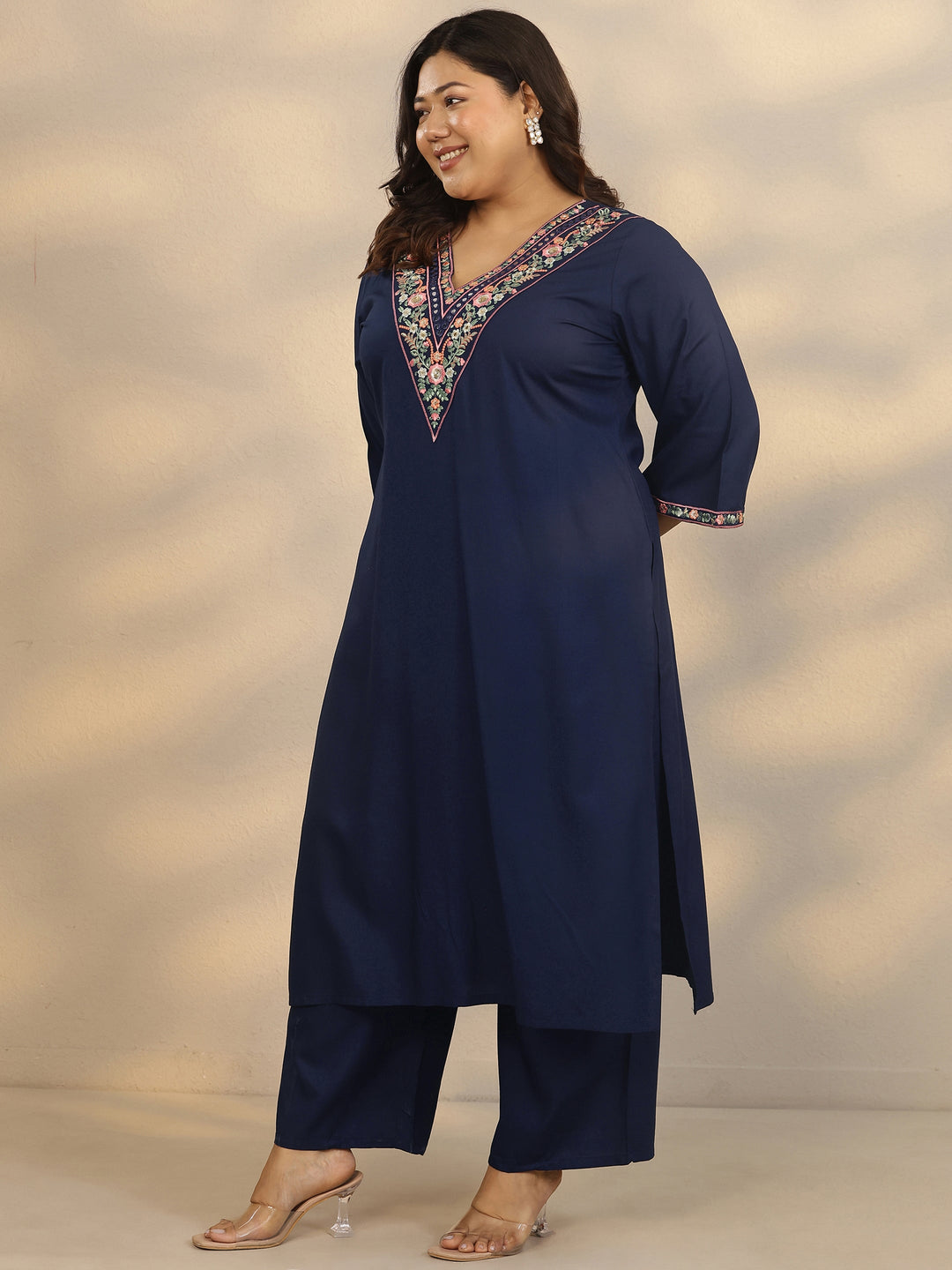 Plus Size Navy Blue Embroidered Rayon Straight Suit Set With Dupatta