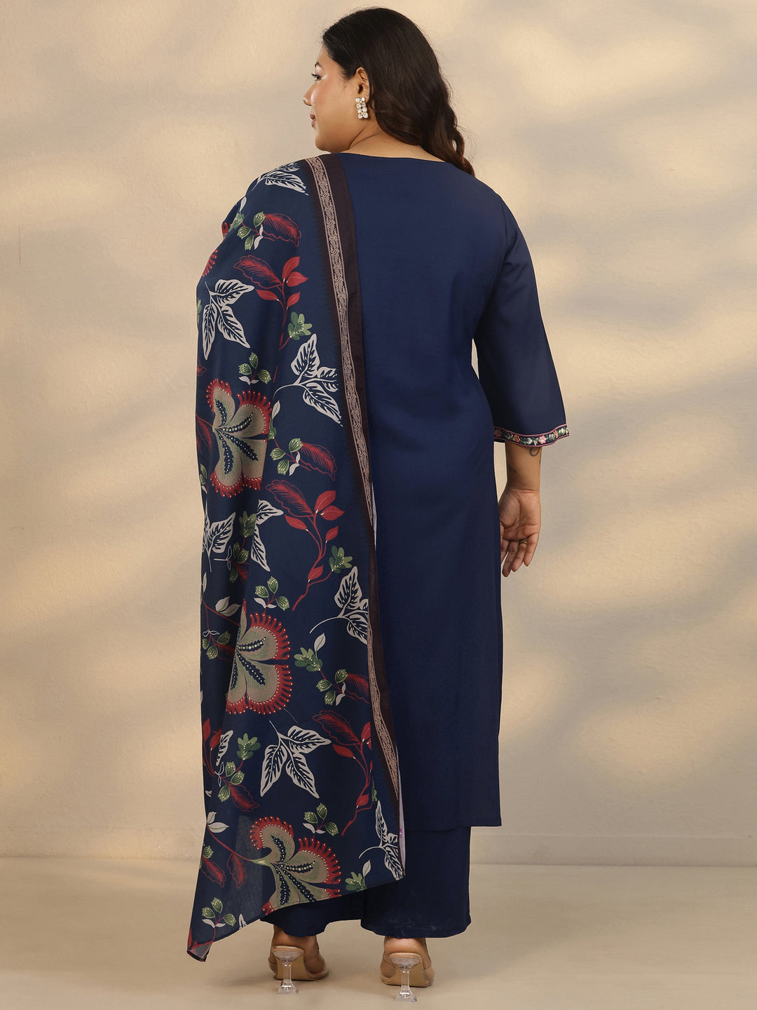 Plus Size Navy Blue Embroidered Rayon Straight Suit Set With Dupatta
