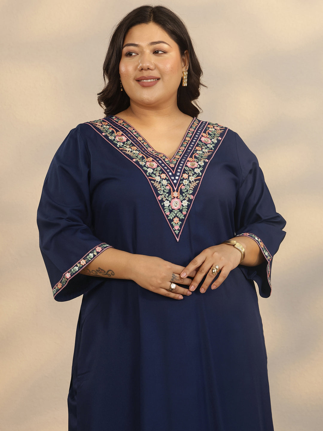Plus Size Navy Blue Embroidered Rayon Straight Suit Set With Dupatta