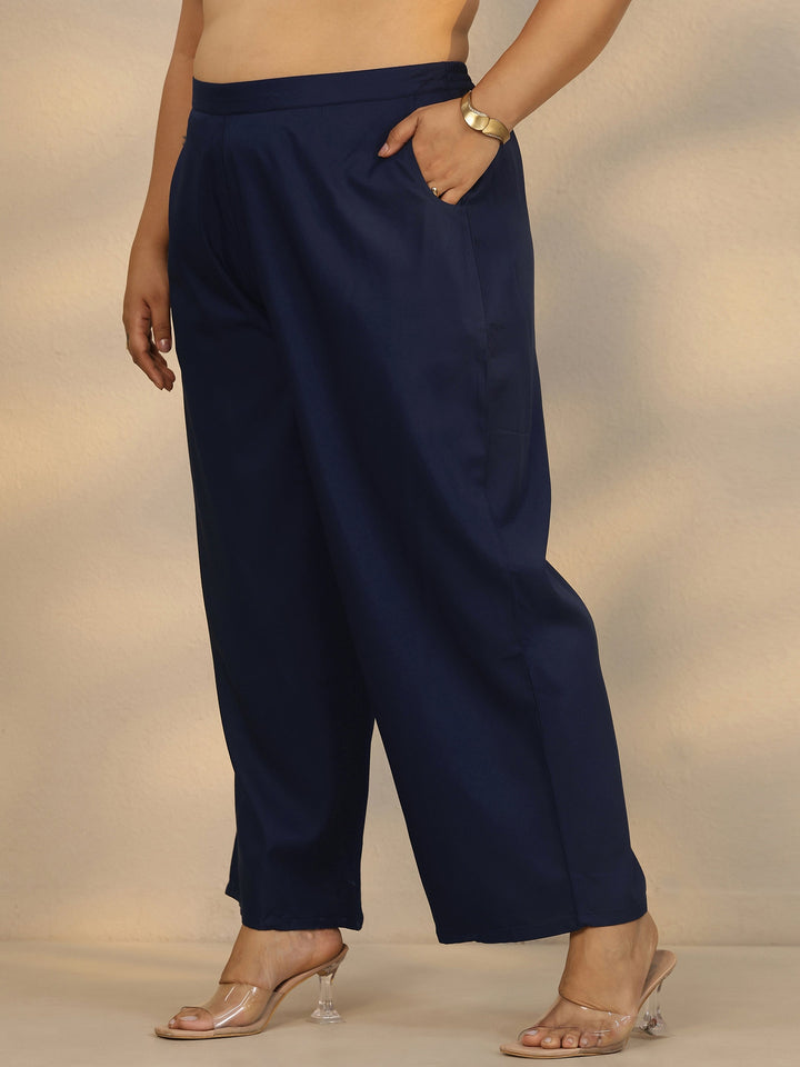 Plus Size Navy Blue Embroidered Rayon Straight Suit Set With Dupatta