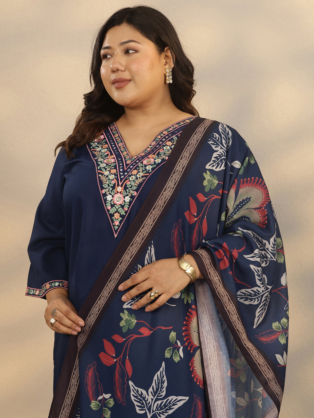 Plus Size Navy Blue Embroidered Rayon Straight Suit Set With Dupatta