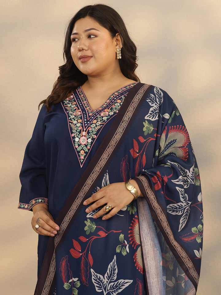 Plus Size Navy Blue Embroidered Rayon Straight Suit Set With Dupatta