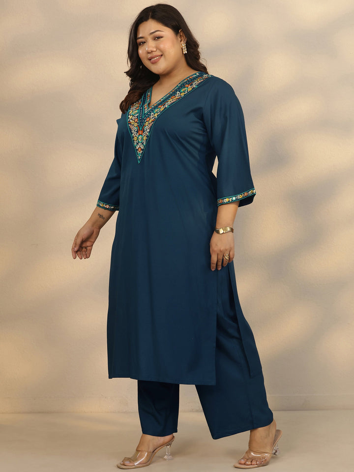 Plus Size Blue Embroidered Rayon Straight Suit Set With Dupatta