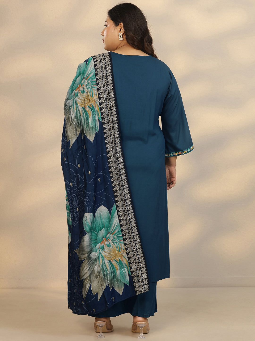 Plus Size Blue Embroidered Rayon Straight Suit Set With Dupatta