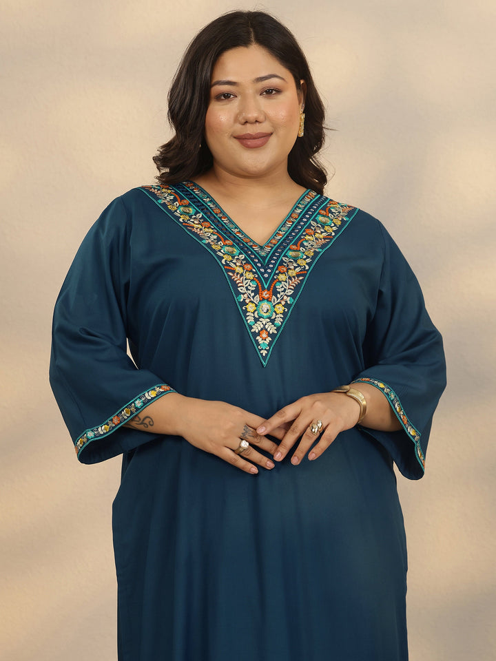 Plus Size Blue Embroidered Rayon Straight Suit Set With Dupatta