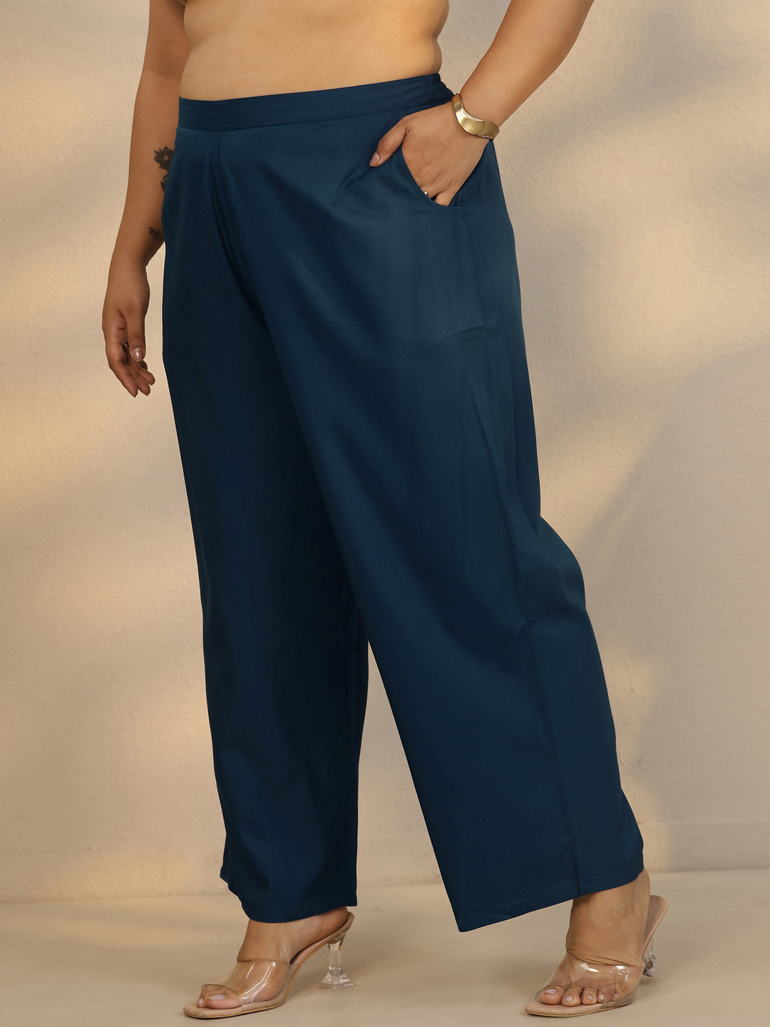 Plus Size Blue Embroidered Rayon Straight Suit Set With Dupatta