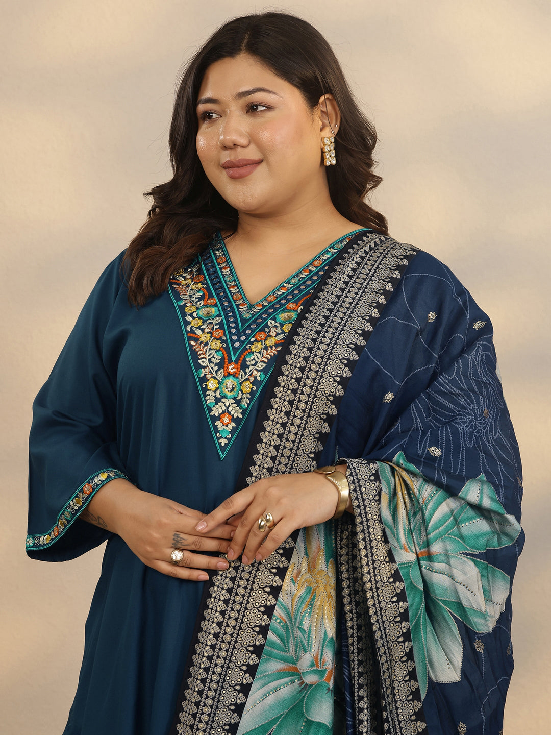 Plus Size Blue Embroidered Rayon Straight Suit Set With Dupatta